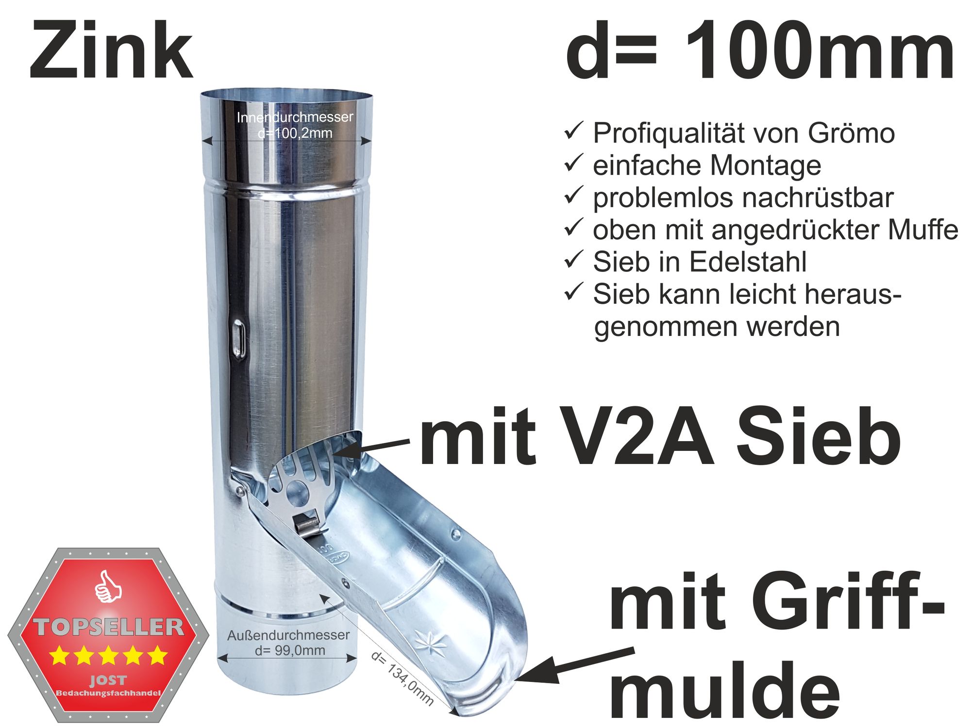 Zink Fallrohr Regenrohrklappe mit V2A Sieb d=100mm, mit Griffmulde -  SONDERPREIS