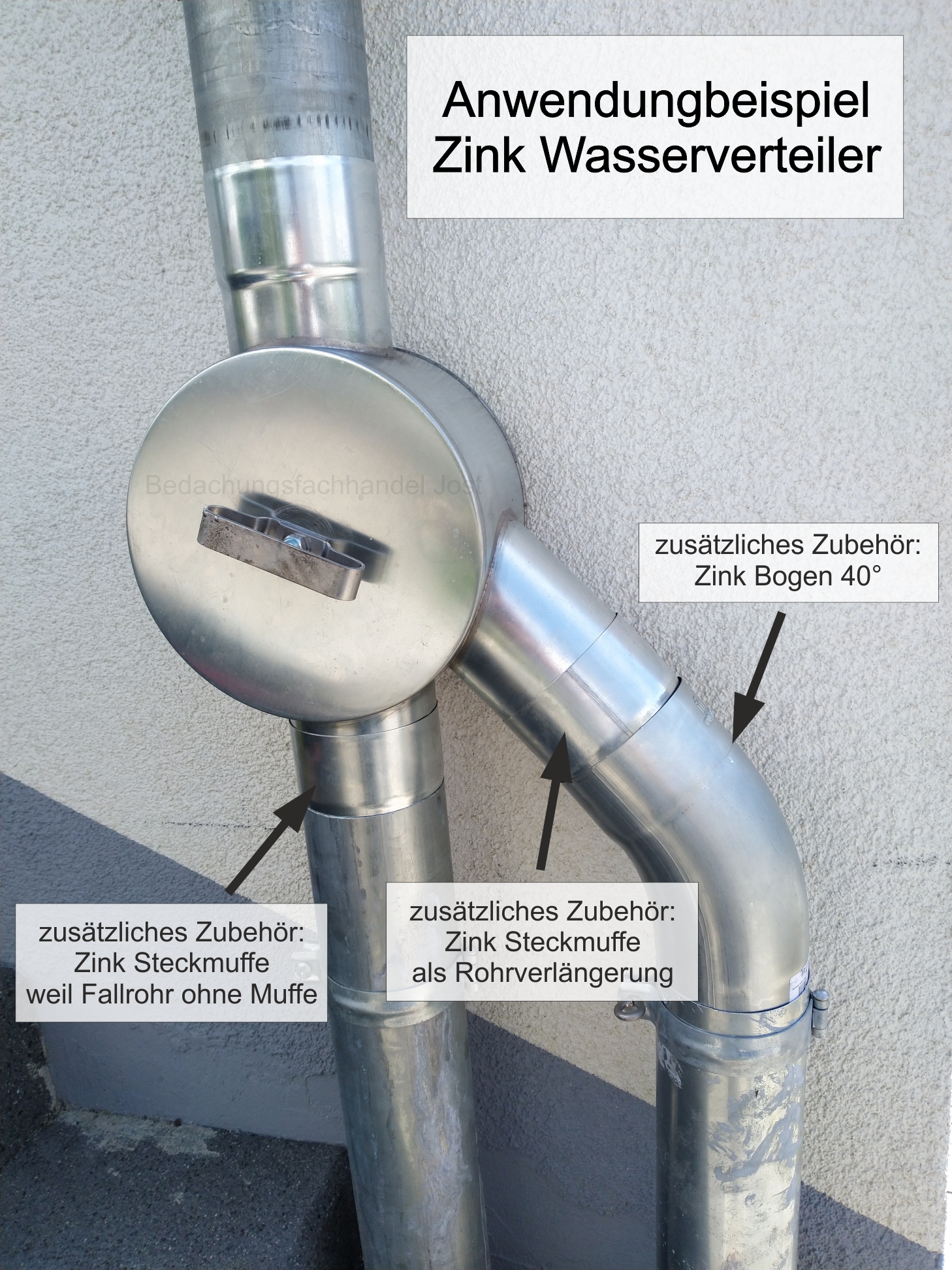 Zink Fallrohr Wasserverteiler Wasserweiche mit Drehgriff d=100mm (rechts /  links)