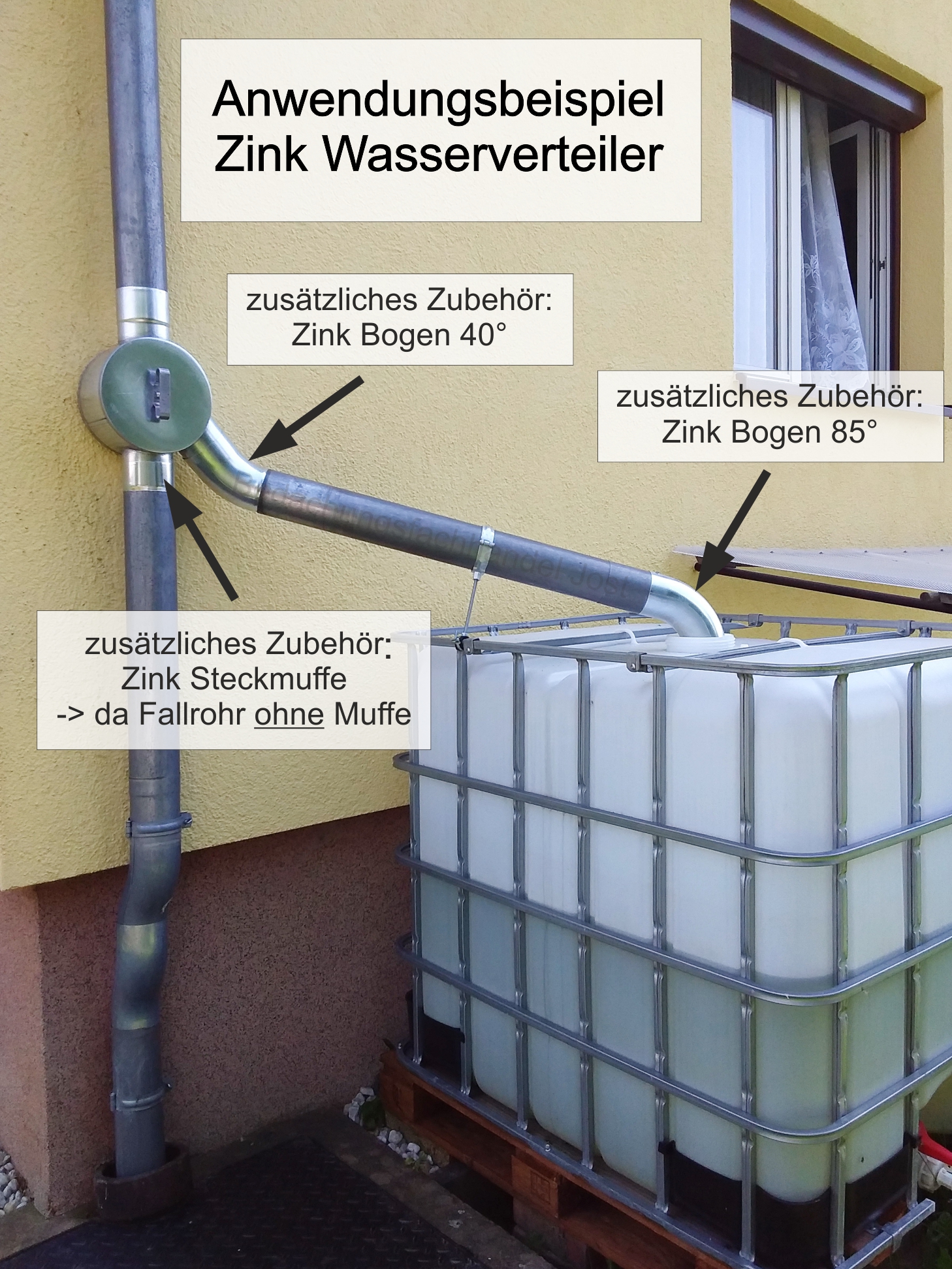 Zink Fallrohr Wasserverteiler Wasserweiche mit Drehgriff d=120mm (rechts /  links)