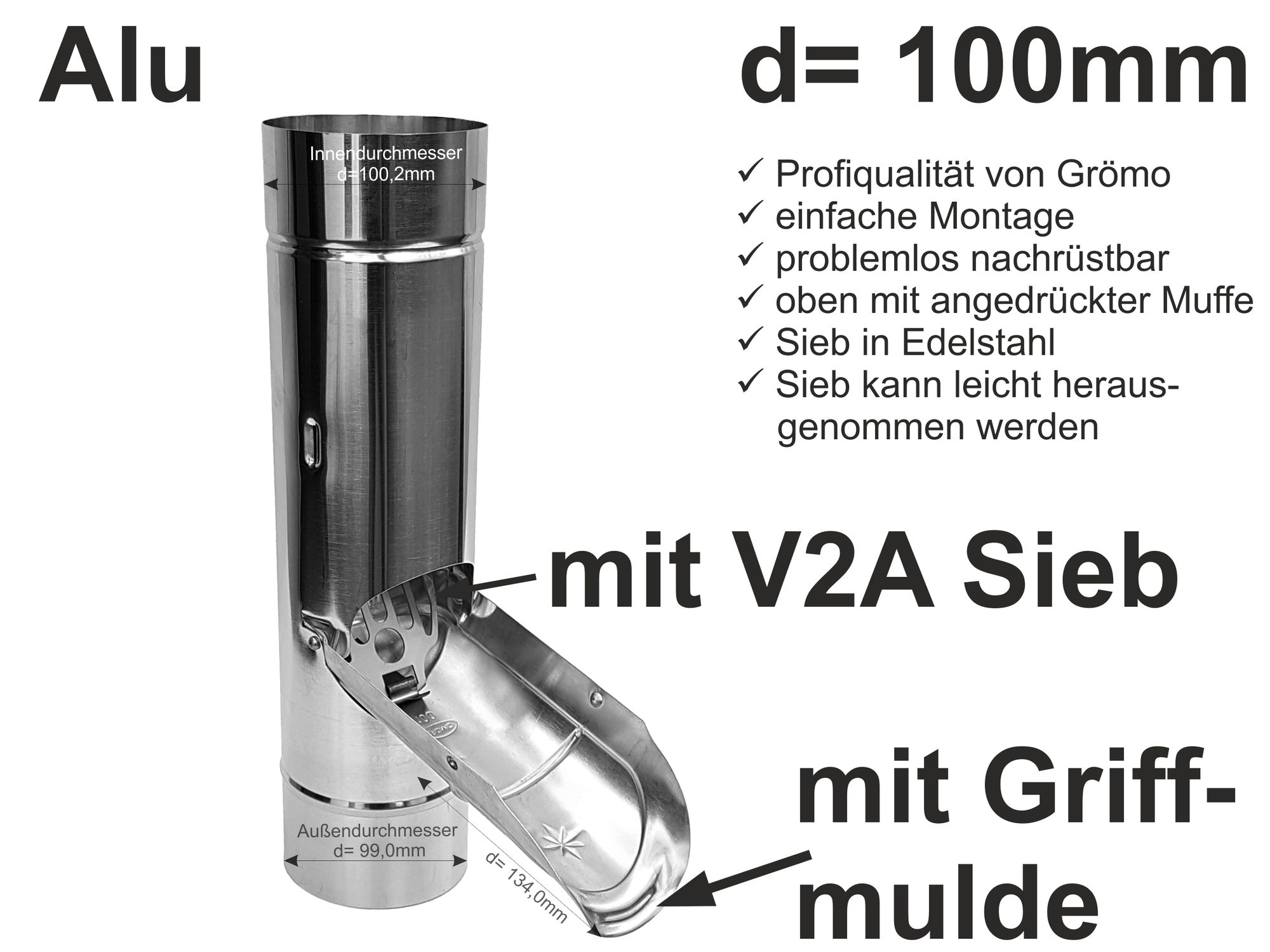 Alu Fallrohr Regenrohrklappe mit V2A Sieb d=100mm, mit Griffmulde