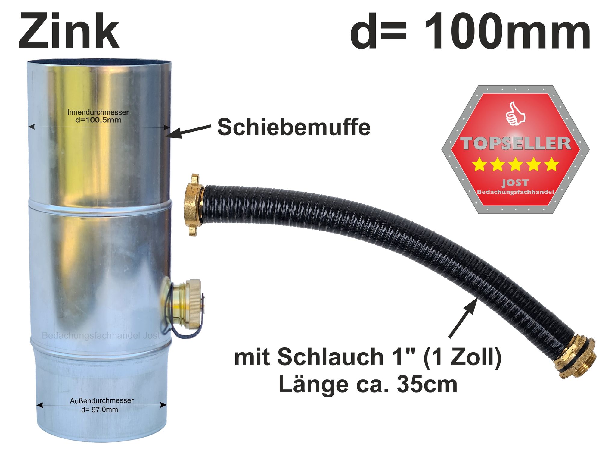 [Paket] Zink Fallrohr Regensammler, Eco, mit Schlauch d=100mm Dach Teufel