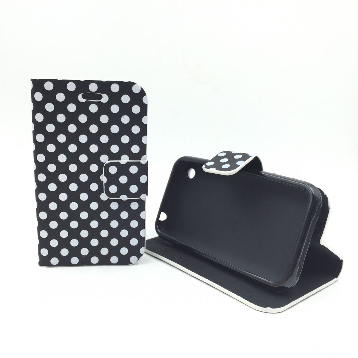 König Design Apple iPhone 3 / 3G / 3GS Handy Hülle Schutzhülle Tasche (Flip Quer) Wallet Rockabilly Etui Schutz Case Cover Bumper Standfunktion Schwarz / Weiß Gepunktet