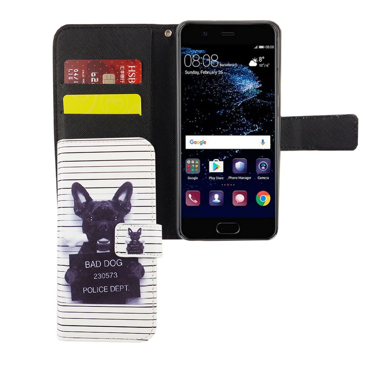 König Design Handy-Hülle Schutz-Tasche Huawei P10 Smartphone Klapphülle Bulldogge Design Weiß