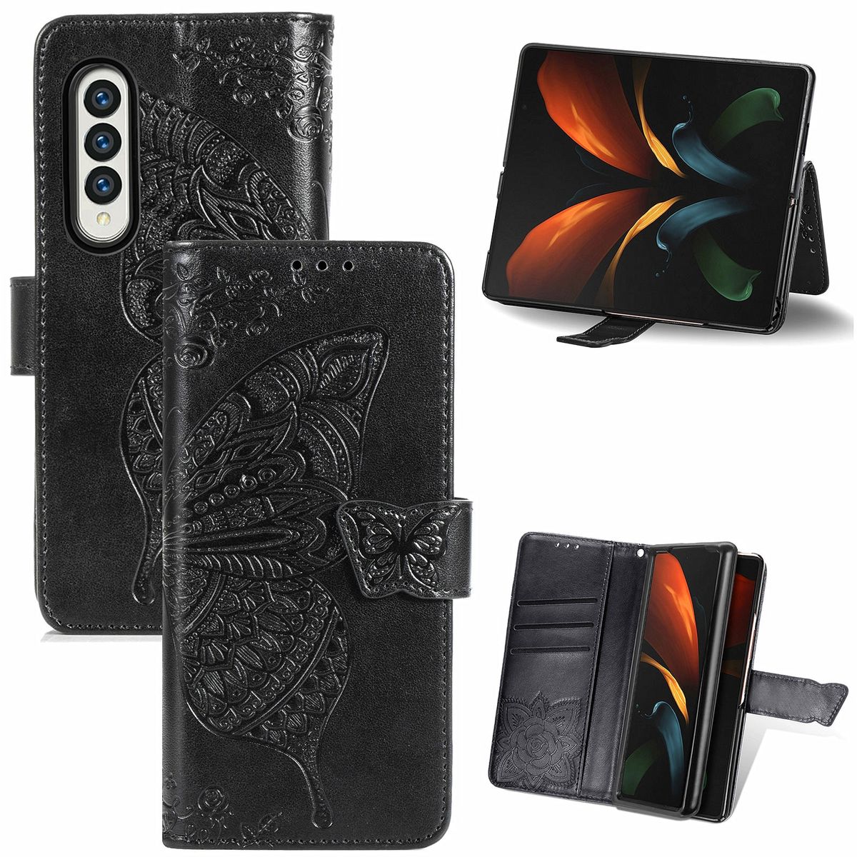 Handyhülle kompatibel mit Samsung Galaxy Z Fold3 5G Schutztasche Wallet Cover 360 Case Etuis Schwarz
