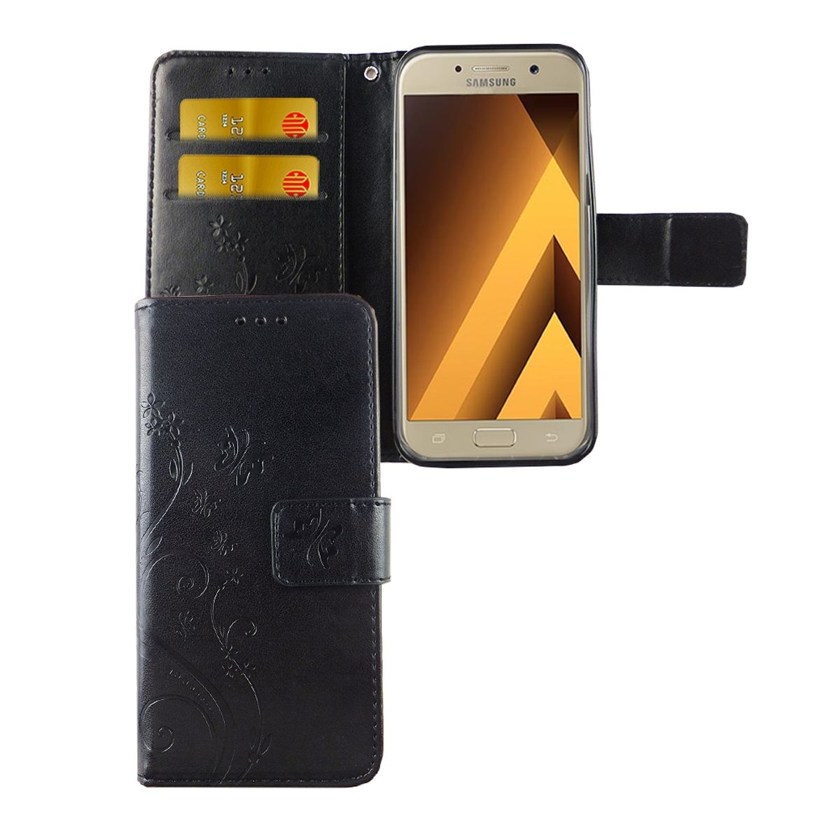 König Design Handyhülle kompatibel mit Samsung Galaxy A3 (2017) Schutztasche Wallet Cover 360 Case Schwarz