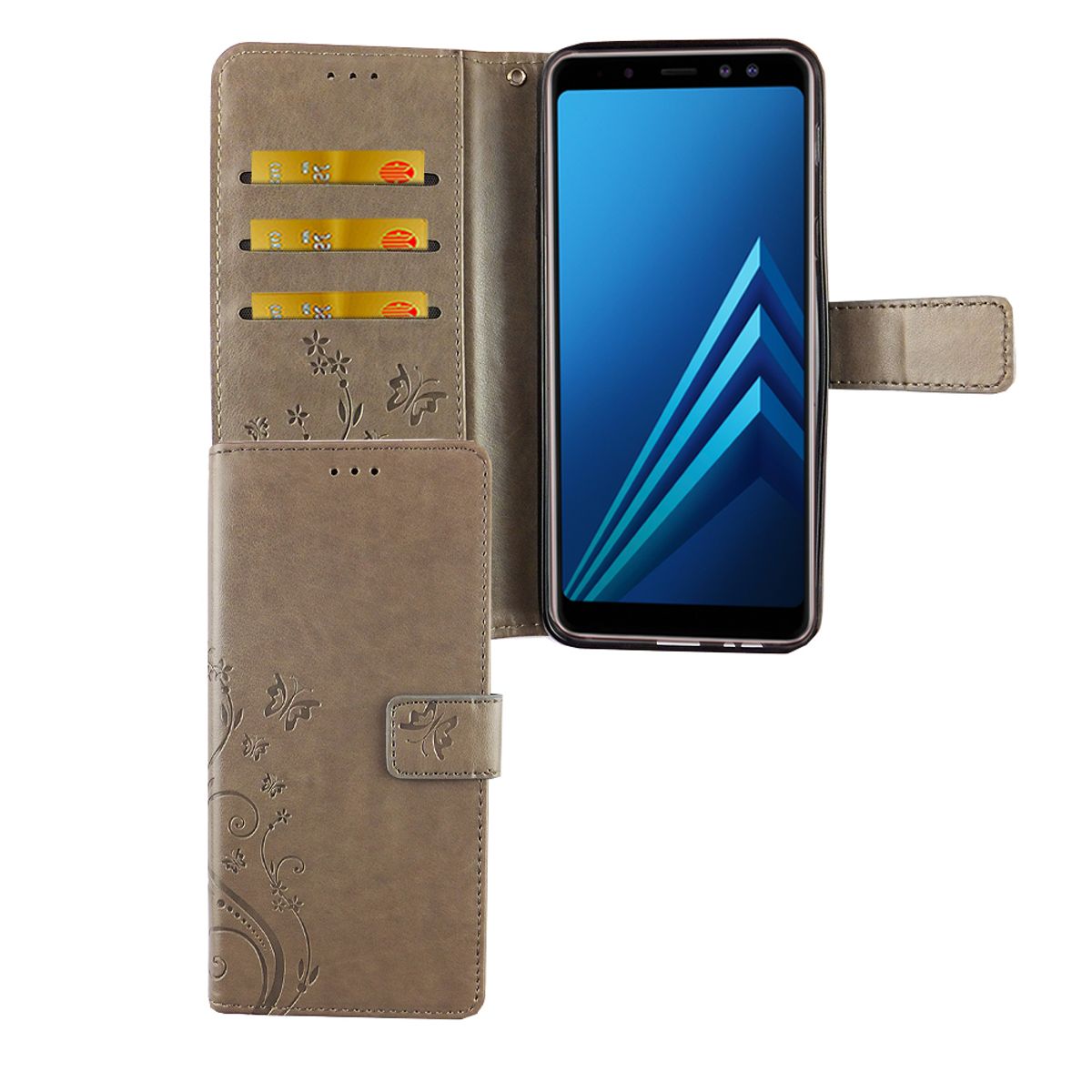 König Design Handyhülle kompatibel mit Samsung Galaxy A6 Plus (2018) Schutztasche Wallet Cover 360 Case Grau