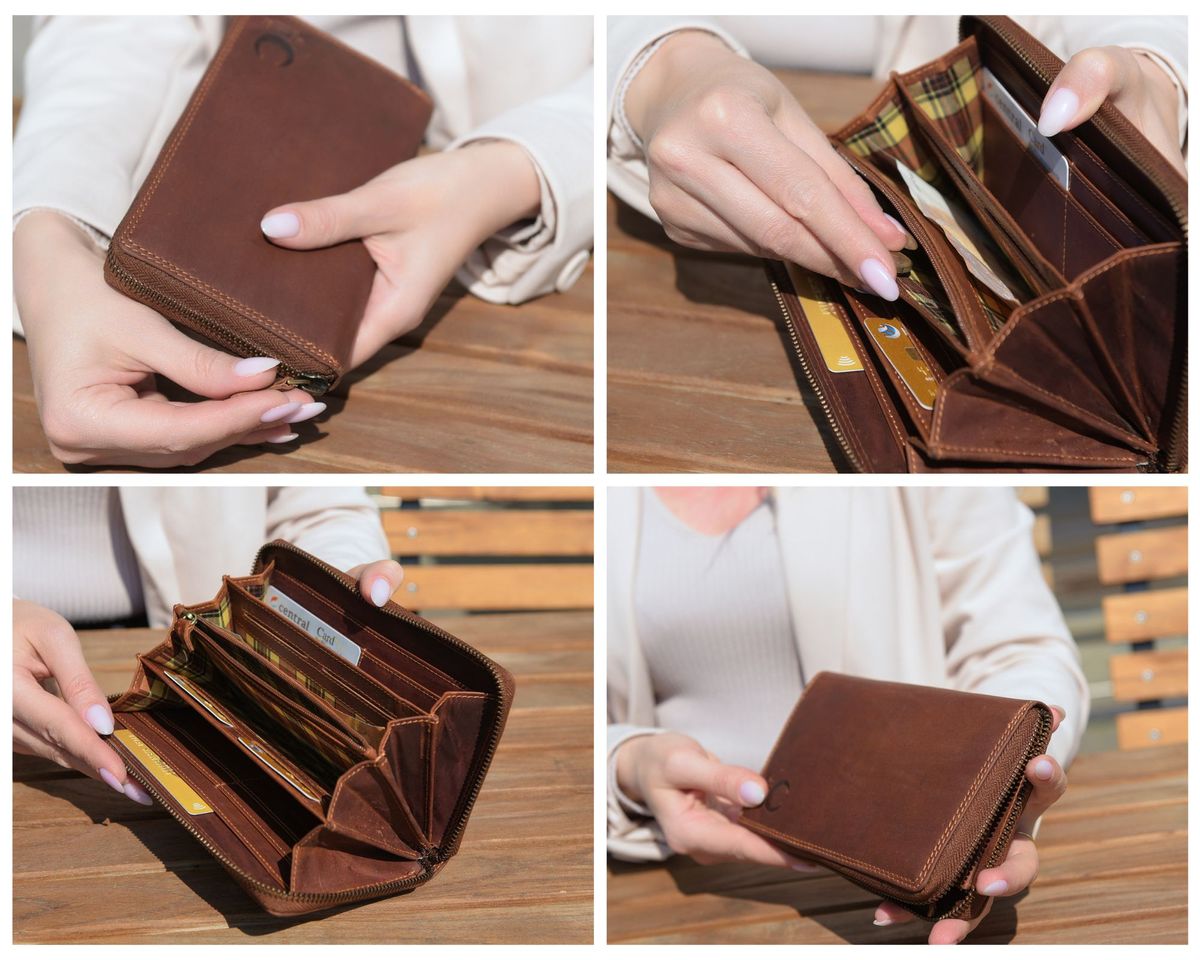 Premium Geldbörse Damen Leder Viele Fächer mit RFID TÜV-geprüft -  Handgefertigt Portemonnaie mit Reißverschluss Großer Geldbeutel