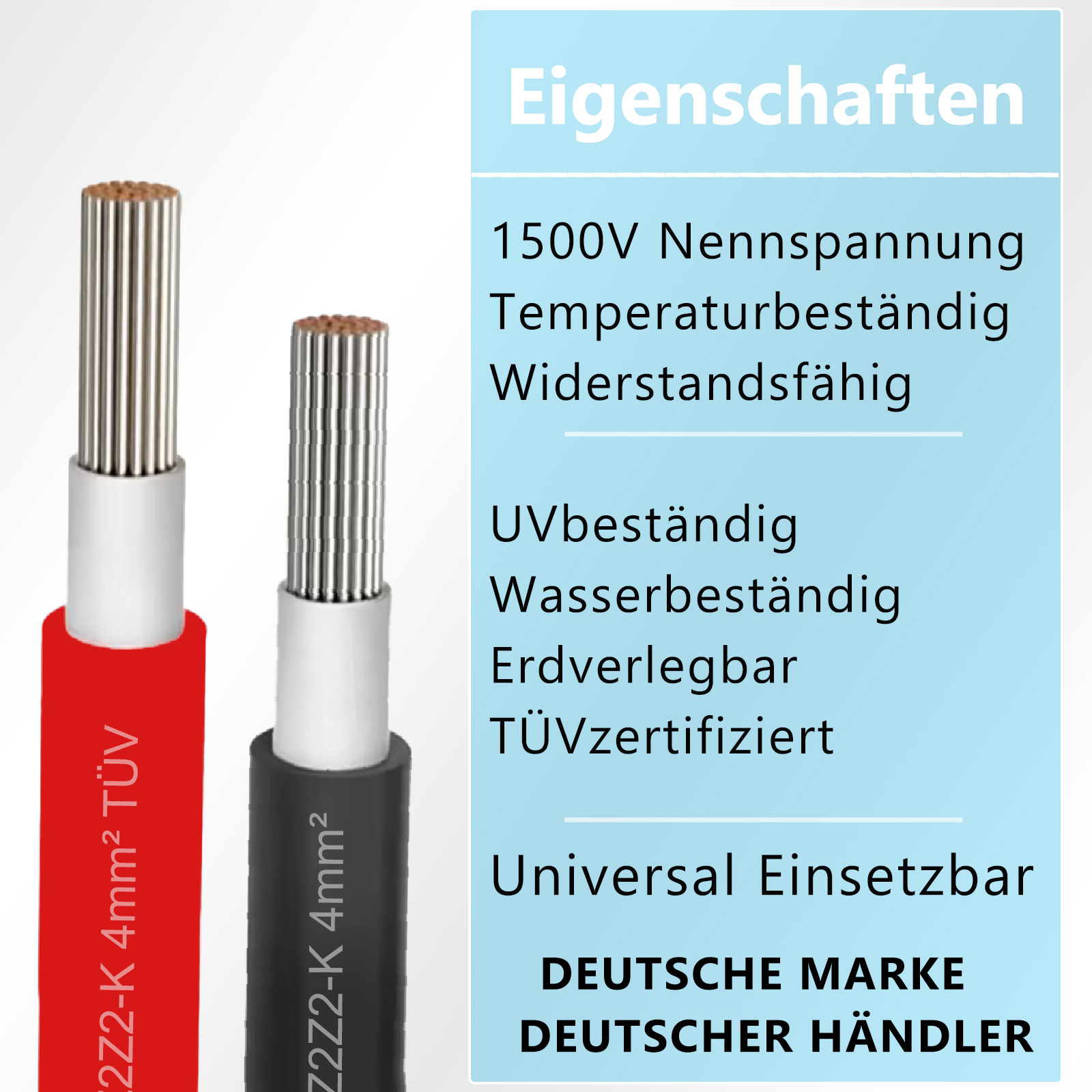 Solarkabel 4mm² 100m + 10 Stecker – H1Z2Z2-K, UV-beständig, TÜV-zertifiziert