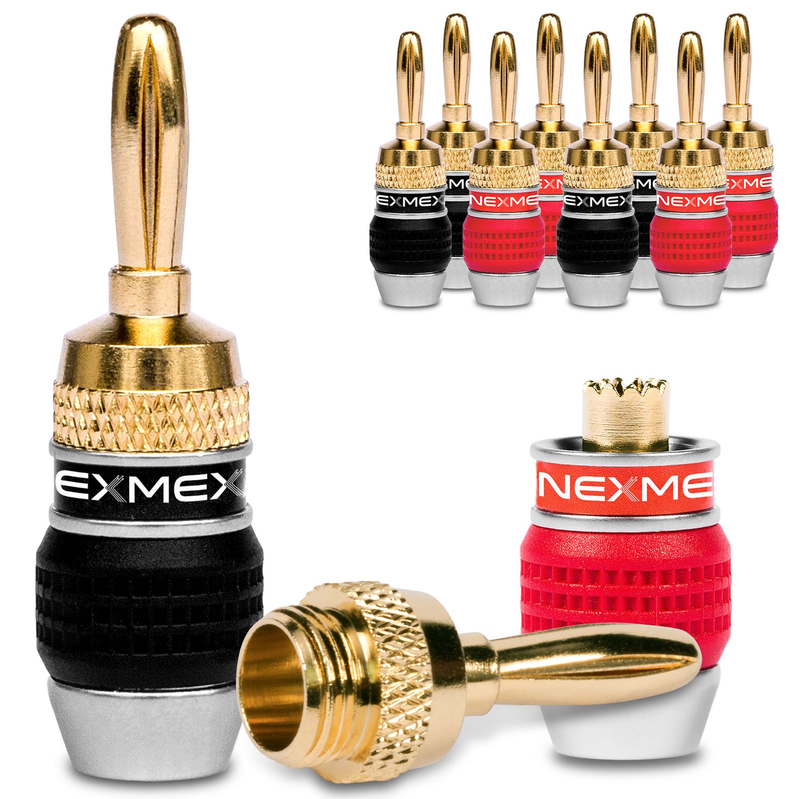 NEXMEX Hohl Bananenstecker 4mm - 20 Stück Stecker Als Set - Hohl Steckverbinder 24K Vergoldet Hohlbananas Für Lautsprecherkabel - HiFi Lautsprecheranschluss