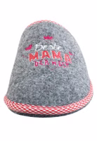 frontal grauer Filzpantoffel mit Motivstickerei "beste Mama" in weiß, rot und pink, rot-weißes vichy-karo-Band als Einfassung