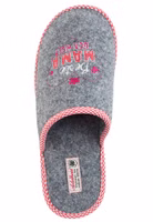 grauer Filzpantoffel mit Motivstickerei "beste Mama" in weiß, rot und pink, rot-weißes vichy-karo-Band als Einfassung von oben