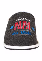 Adelheid Bester Papa Filzpantoffel Paar ✓ hergestellt in Portugal ✓ bequem ✓ echter Wollfilz ein schwarzer Filzpantoffel von vorne mit "Bester Papa" Schriftzug in weiß, rot und blau sowie heller Einfassung außen
