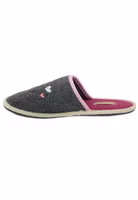 grauer Filzpantoffel mit dezenter Reh-Stickerei in braun und Blüten-Stickerei in dunkelpink, rosa, mint und orange, pinke Innensohle und helle Einfassung,