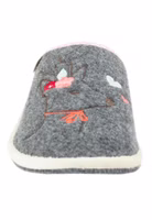 grauer Filzpantoffel mit dezenter, brauner Reh-Stickerei und Blüten in dunkelpink, rosa, mint und heller Einfassung