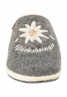 grauer Filzpantoffel mit weiß- und cremefarbender Edelweiß-Stickerei und Glücksbringer Schriftzug
