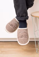 hellbraune Filzpantoffel mit Brummbär-Stickerei in creme und braun baumelnd ein hellbraunes Paar Filzpantoffeln mit der gestickten Kontur eines dunkelbraunen Bäres, dem Schriftzug Brummbär in hell und heller Einfassung