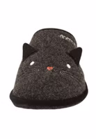 schwarze Filzpantoffeln mit Katzengesicht und Abenteurerin Stickerei seitlich