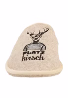 von vorne ein hellbeiger Filzpantoffel mit der schwarzen Stickerei eines hippen Hirschen mit Streifenshirt und Brille. Außen hell eingefasst