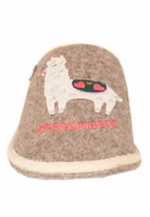 Weltenbummlerin Filzpantoffeln beig ein hellbrauner Filzpantoffel von vorne mit Lama-Applikation und pinkem Schriftzug Weltenbummlerin. Außen hell eingefasst