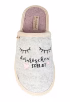 ein Paar hellgraue Pantoffel mit schwarz rosa farbener Stickerrei und Dornröschen schlaf Schriftzug von oben