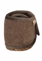 Adelheid Kinder Hausschuh ✓ personalisierbar ✓ fester Halt ✓ made in Portugal aus Wollfilz von hinten rosa Kinderfilzriegelschuhe mit taupe-braunem Filzriegelverschluss oben