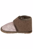 Adelheid Kindergartenschuhe ✓ rutschfeste Recycling Sohle ✓ temperaturegulierender aus Wollfilz seitlich rosa Kinderfilzriegelschuhe mit taupe-braunem Filzriegelverschluss oben