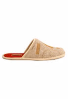 Adelheid Easy Peasy Filzpantoffel ✓ Design von Anna Katharina Jansen ✓ made in Portugal✓ echter Wollfilz Adelheid X Anna Katharina Jansen Filzpantoffel mit Motiv easy peasy beige und gelb seitlich mit oranger Innensohle