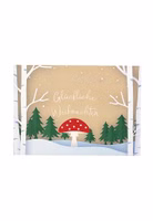 Grußkarte Glückliche Weihnachten mit Fliegenpilz und winterlichem Waldmotiv 