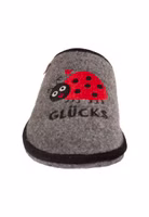 ein garuer Filzpantoffel mit Marienkäfer-Stickerei in rot und schwarz, Schriftzug rechter Pantoffel "Glücks", schwarze Einfassung