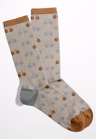 ein Paar graubeigen Sportskanone Socken mit Fahrrad-Allover in grau und rostbraun. Dazu grau und rostbraun abgesetzte Bündchen, Fersen- und Zehenbereiche