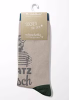 original zusammengeheftet ein Paar graubeigen Platzhirsch Socken mit grauem Platzhirsch Motiv oberhalb vom Spann. Dazu blau, grau und dunkelgrün abgesetzte Bündchen, Fersen- und Zehenbereiche
