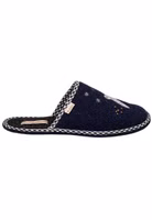 ein dunkelblauer Filzpantoffel seitlich mit rosa Eulenstickerei, vichy-karo-schwarzer Einfassung und schwarzer Innensohle, kleines Adelheid-Weblabel seitlich