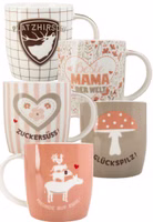 5er Set bestehend aus den Henkeltassen Beste Mama der Welt, Freunde auf ewig, Glückspilz, Platzhirsch sowie Zuckersüss