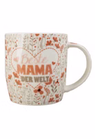 Henkeltasse aus Porzellan mit Blumen-Allover in pastellorange und taupe sowie dem Schriftzug Beste Mama der Welt
