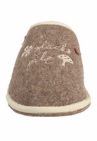 ein hellbrauner Filzpantoffel mit cremefarbendem Glücksüilz-Schriftzug, einem Kleeblatt, einem Fliegenpilz sowie einem kleinen roten Herz oben rechts, helle Einfassung
