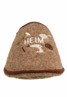 rechter, hellbrauner Filzpantoffel von vorne mit Handwerkuntensilien und dem Schriftzug Heim von Heimwerker in creme und dunkelbraun