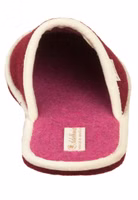 von innen ein weinroter Filzpantoffel mit pinker Innensohle und heller Einfassung