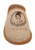 von vorne ein hellbrauner Filzpantoffel mit dunkelbrauner Stickerei einer Göttin sowie ein goldener Schriftzug Göttin, außen hellbraun eingefasst