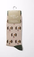 original geheftet ein Paar beige Treuer Freund Socken mit Hundegesicht-Allover sowie abgesetzte Bündchen, Fersen- und Zehenbereiche in grün