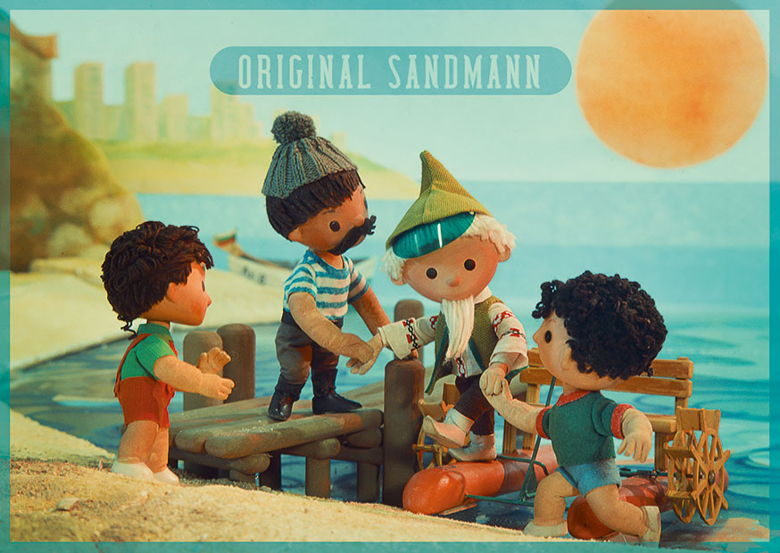 Postkarte A6 +++ LUSTIG +++ SM ORIGINAL SANDMANN AM SEE MIT KINDERN
