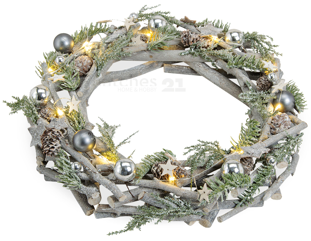 Adventskranz aus Holz & Ästen winterlicher Deko und LED-Beleuchtung Ø