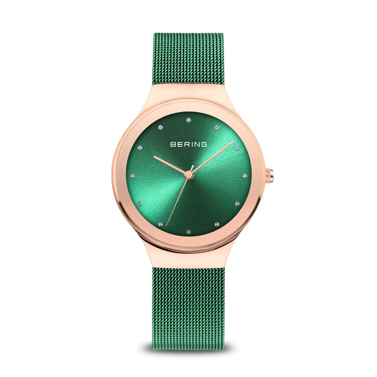 BERING Kwartshorloge Dames 34mm - Roségoud Met Groene Wijzerplaat En Milanees Bandje