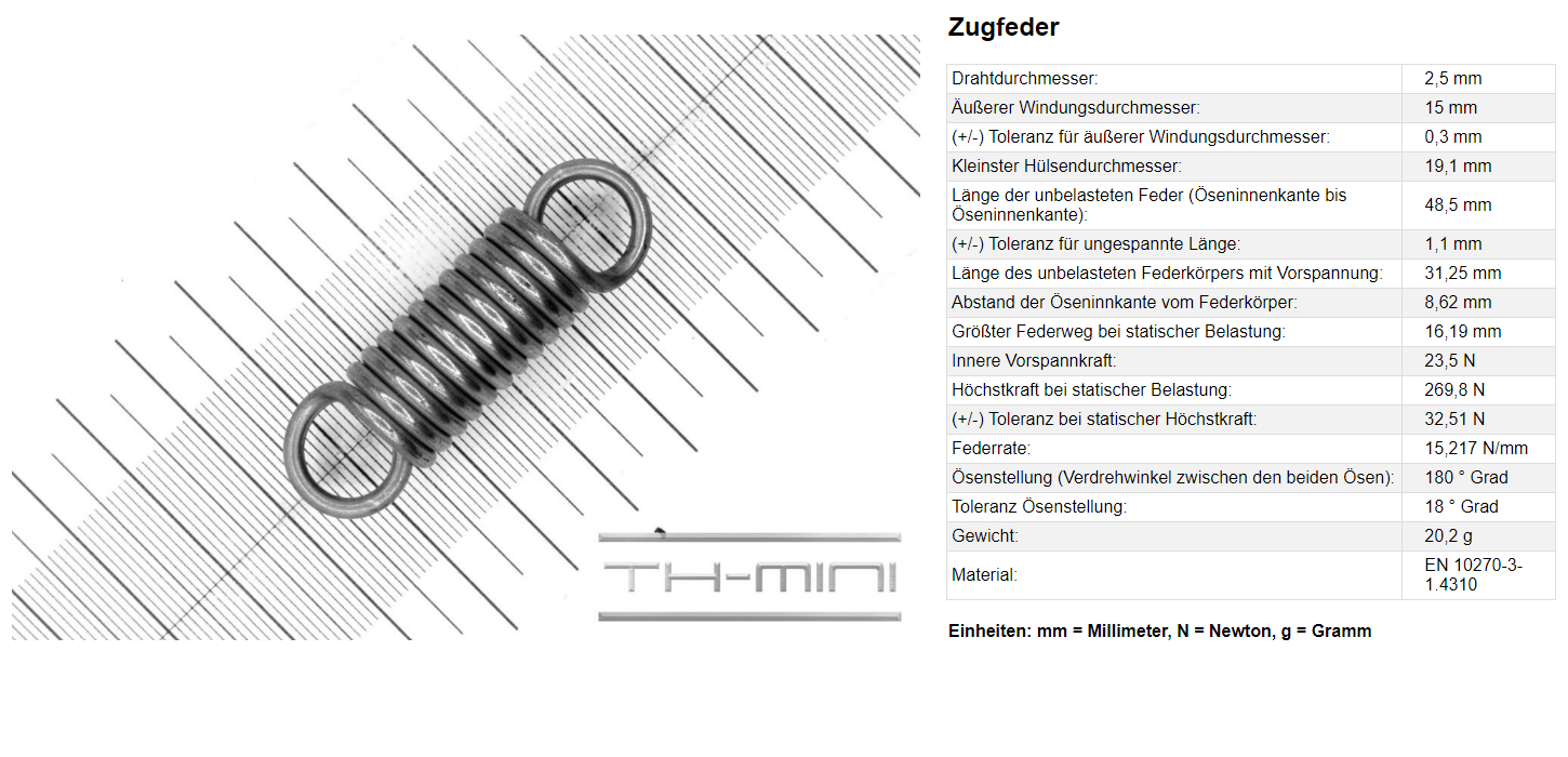 Edelstahl Einhängelänge: 48,5mm Zugfeder Drahtstärke: 2,5mm Außen Ø: 15mm 