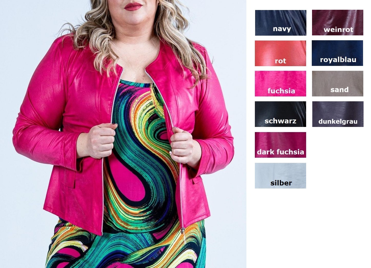 Magna Kurze Jacke in Lederoptik weich leicht, koffertauglich, Zipp,  Lagenlook, optische Taschen mehrere Farben