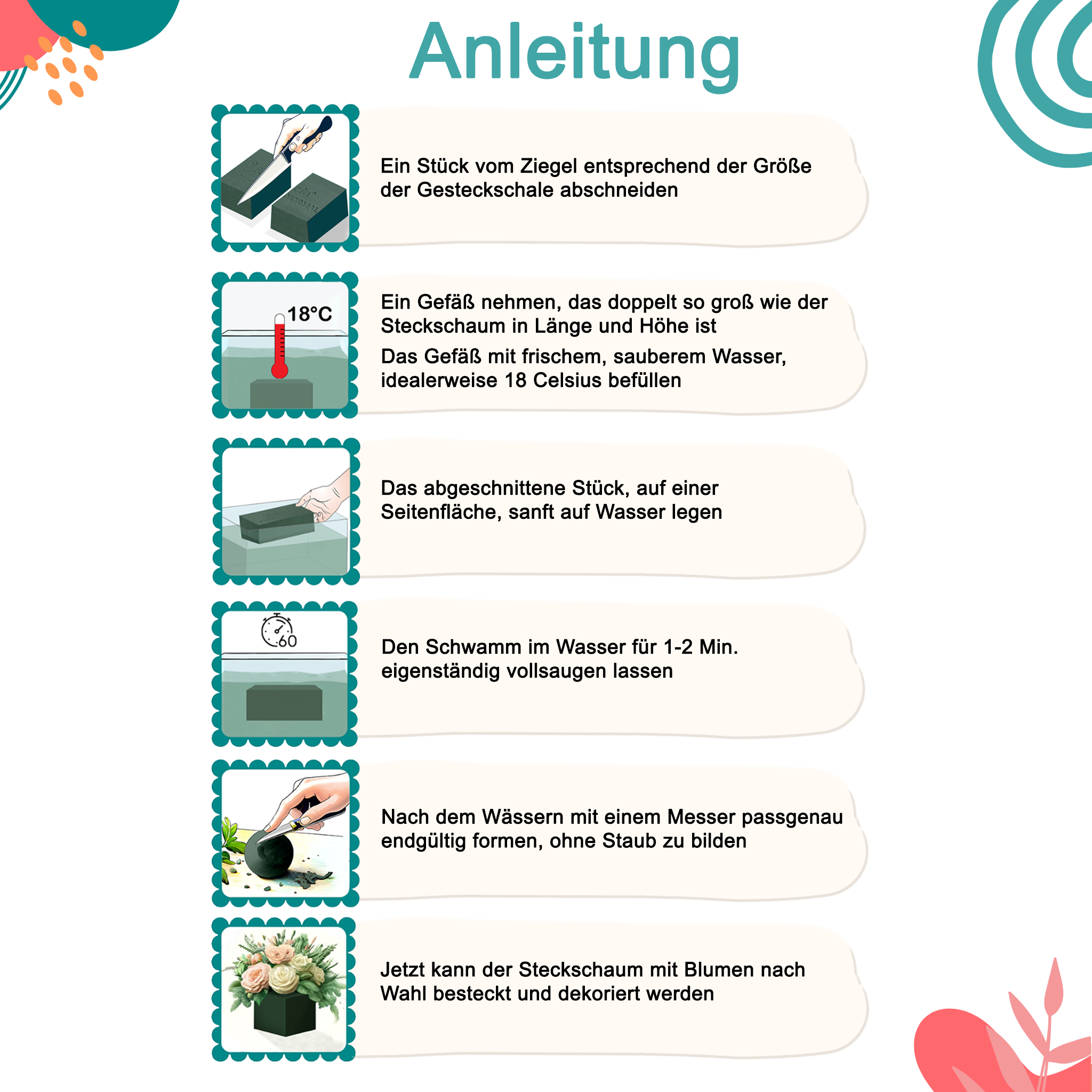 Bruislard Blumen-Steckschaum Rund - 6 Stück Nass-Schaum Für Frische & Künstliche Blumenarrangements