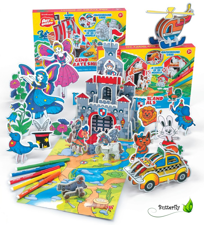 3D Puzzle zum selbst Ausmalen, Set 2 Karten + 6 Filzstiften