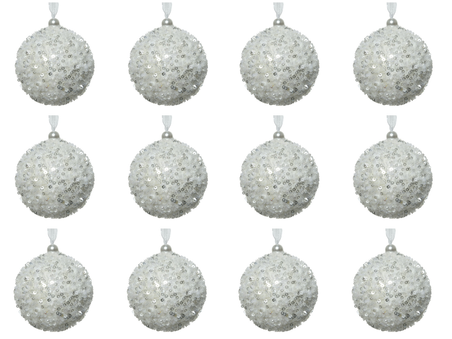 Weihnachtskugeln Kunststoff mit Pailletten 8cm winterweiß, 12er Set