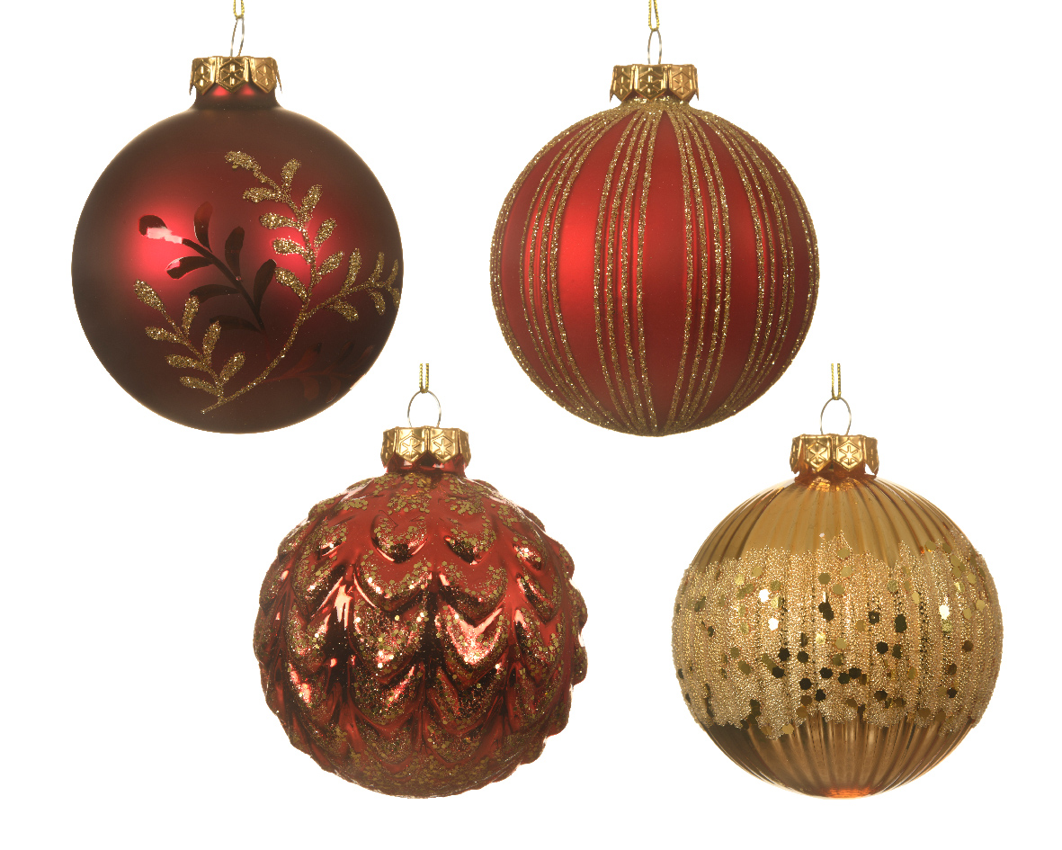 Set Kreativmarkt / gold Streifen 12er Weihnachtskugeln mit rot 8cm Glas Butterfly | Muster /