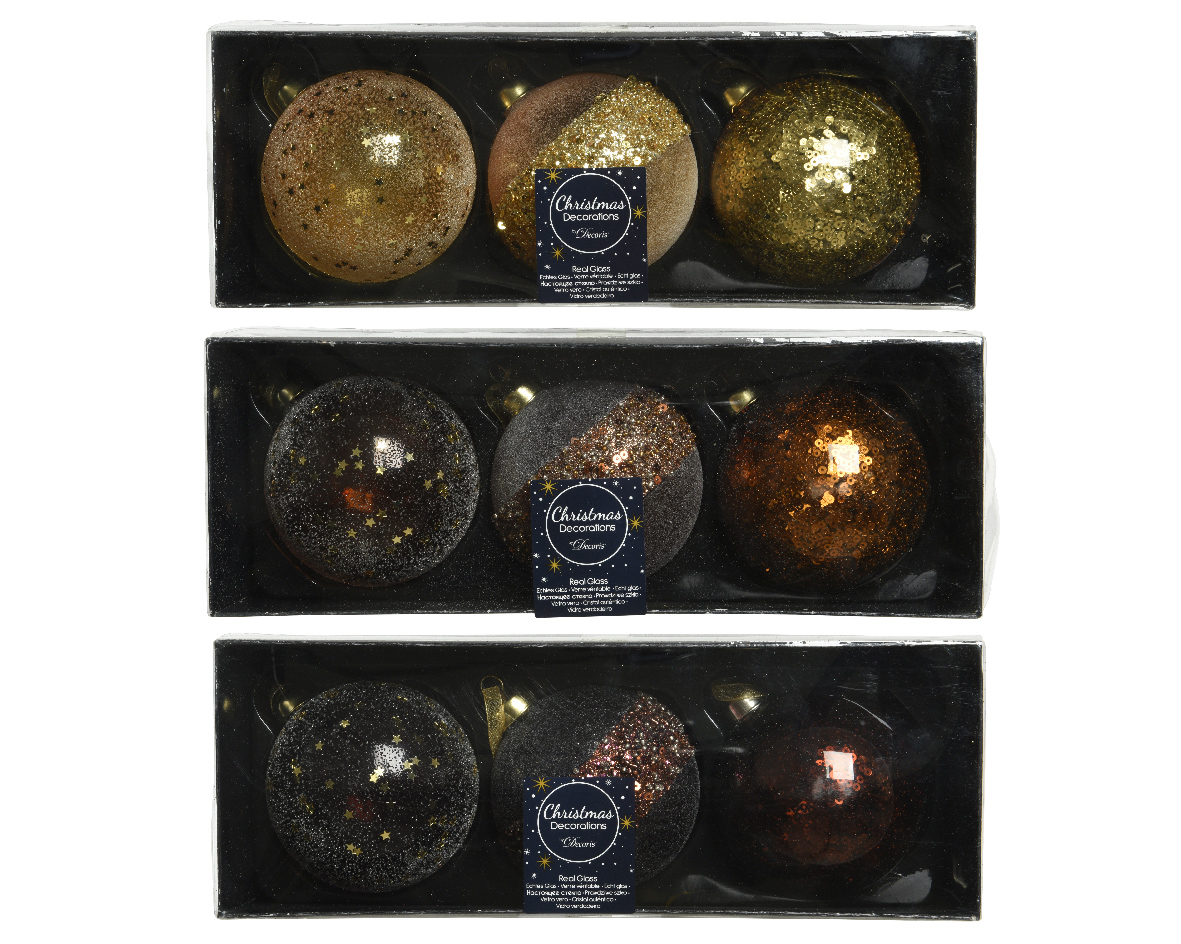 [Paket] Weihnachtskugeln Glas 8cm Glitzer Pailletten 9er Set Gold Zimt