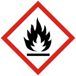 GHS-Piktogramm für entzündliche Stoffe, schwarze Flamme auf weißem Hintergrund mit rotem Rand in rautenförmigem Rahmen